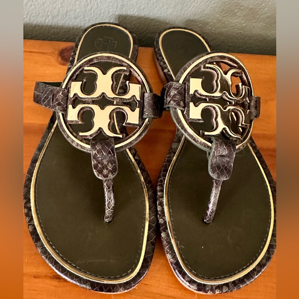 SOLD Tory Burch Miller Sandals Olive Green/Black Snakeskin Size 7.5 - Picture 2 of 9